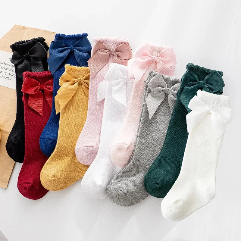 Knee High Princess Socks infantil, material de bebê, recém-nascido, infantil, meias, arco, algodão, Mid-tube, crianças, meninas, outono, inverno