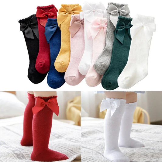 Calcetines de princesa hasta la rodilla para niños, suministros para bebés, calcetines para recién nacidos, calcetines de algodón con lazo, calcetines de tubo medio para niñas, otoño e invierno. 