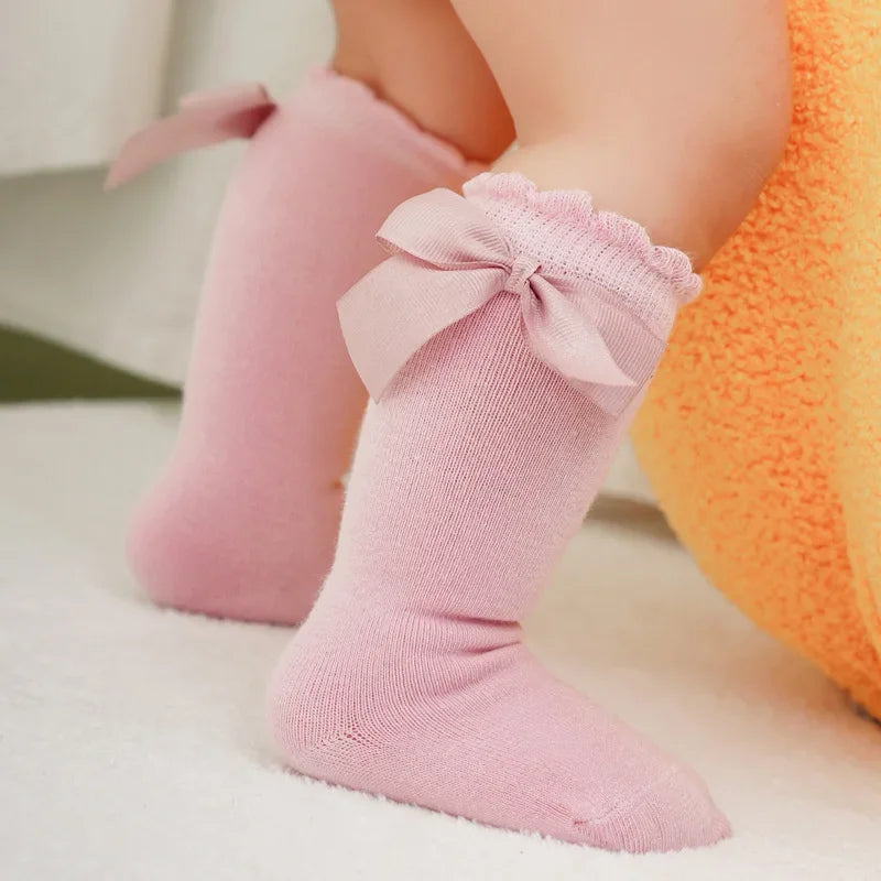 Knee High Princess Socks infantil, material de bebê, recém-nascido, infantil, meias, arco, algodão, Mid-tube, crianças, meninas, outono, inverno