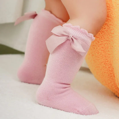 Knee High Princess Socks infantil, material de bebê, recém-nascido, infantil, meias, arco, algodão, Mid-tube, crianças, meninas, outono, inverno