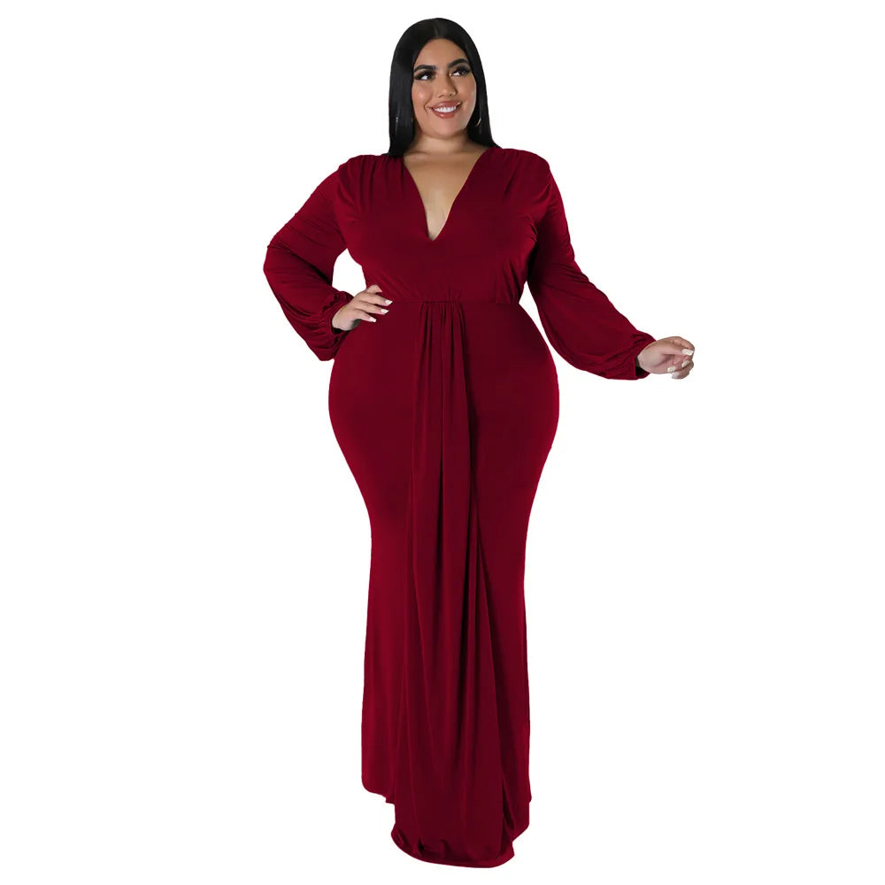 L-4XL Solid Long Sleeve V-Neck Irregular Elegant Plus Size Dresses For Women 2022 Sexy Prom Dresses Fall Clothes Dropshipping 