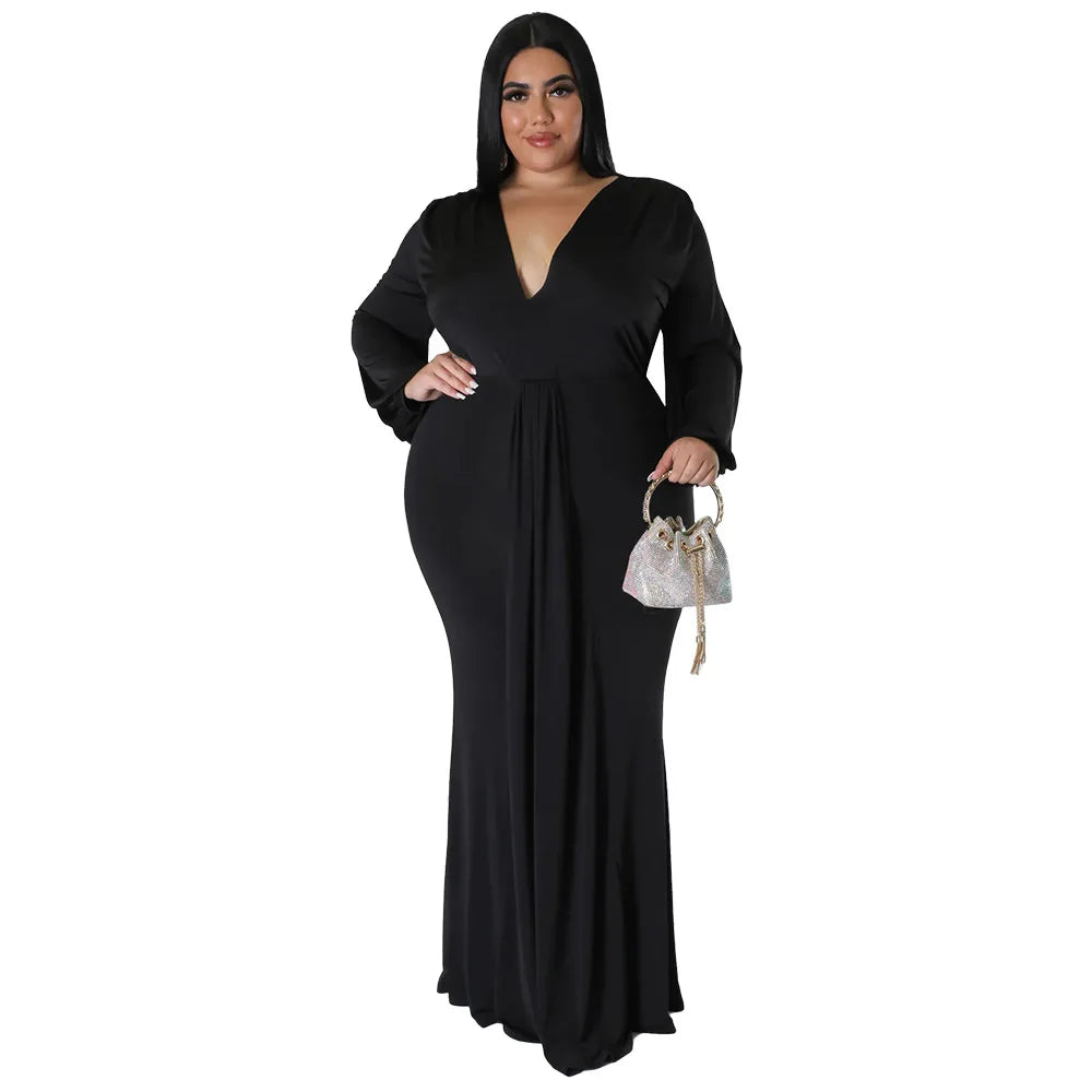L-4XL Solid Long Sleeve V-Neck Irregular Elegant Plus Size Dresses For Women 2022 Sexy Prom Dresses Fall Clothes Dropshipping 