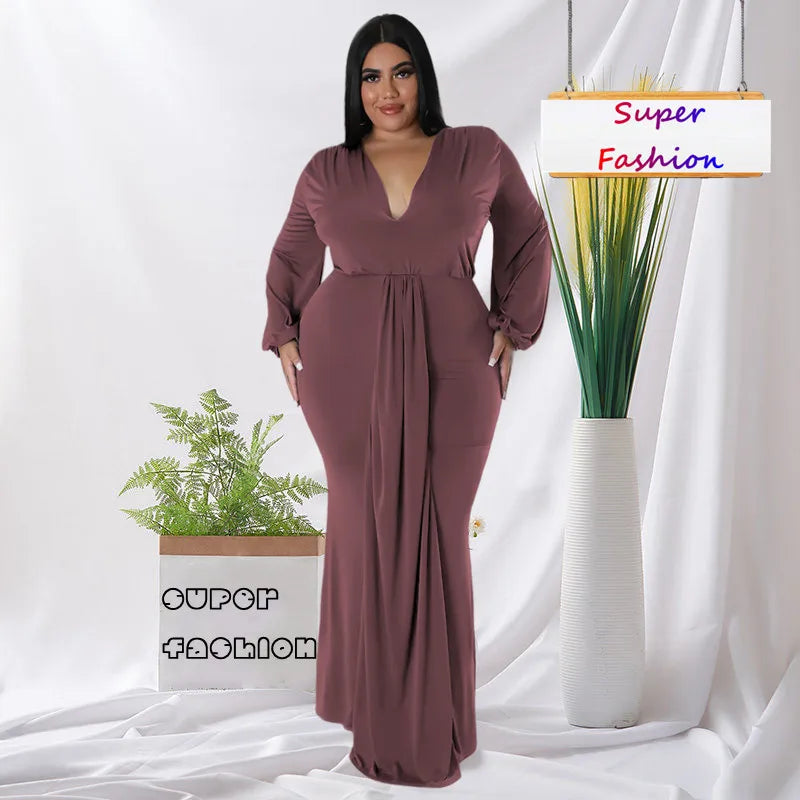 L-4XL Solid Long Sleeve V-Neck Irregular Elegant Plus Size Dresses For Women 2022 Sexy Prom Dresses Fall Clothes Dropshipping 