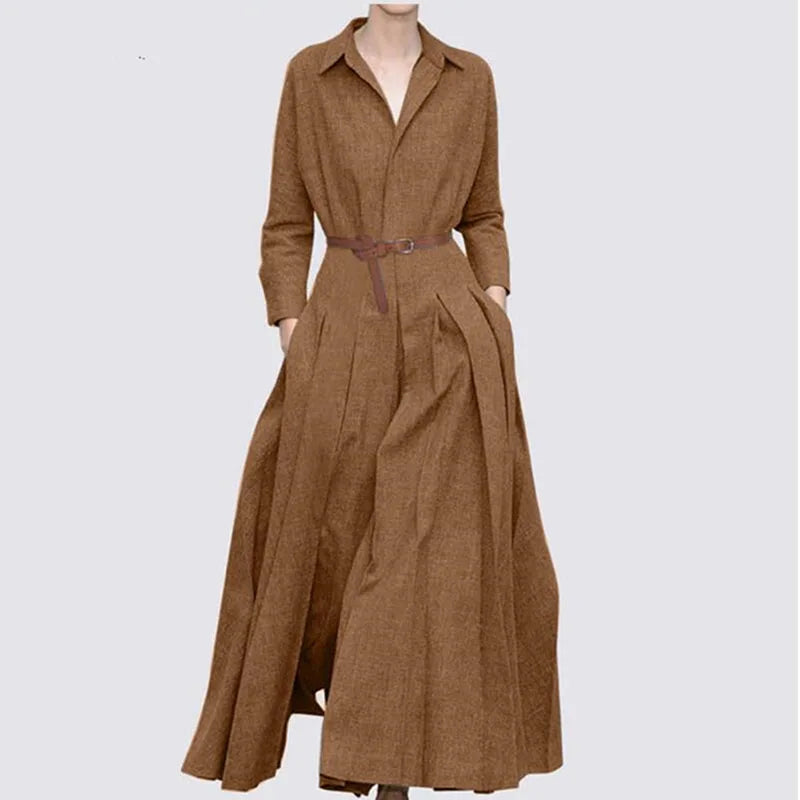L-5XL 2022 novo vestido de cor sólida lapela casual primavera outono sem cinto solto plus size vestido de linho coa vestidos de festa