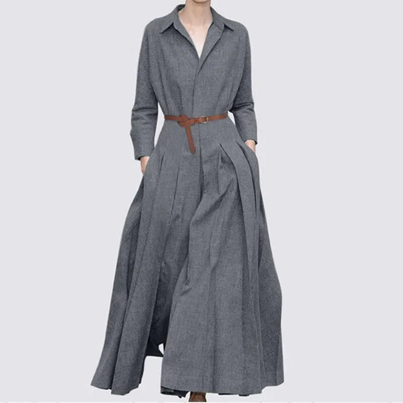 L-5XL 2022 novo vestido de cor sólida lapela casual primavera outono sem cinto solto plus size vestido de linho coa vestidos de festa