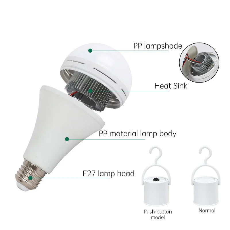 Rechargeable Hanging LED Bulb Outdoor Camping Lamp, Powerful Home Emergency Light, 7W, 9W, 12W, 15W 