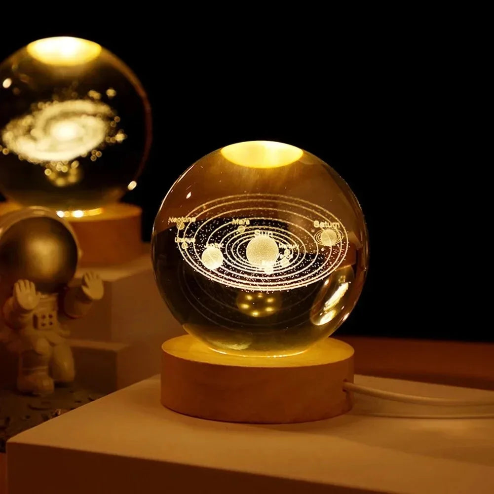 Lâmpada de cristal 3D com galáxia e projeção planetária, luz noturna USB para atmosfera aconchegante, bola de plasma única