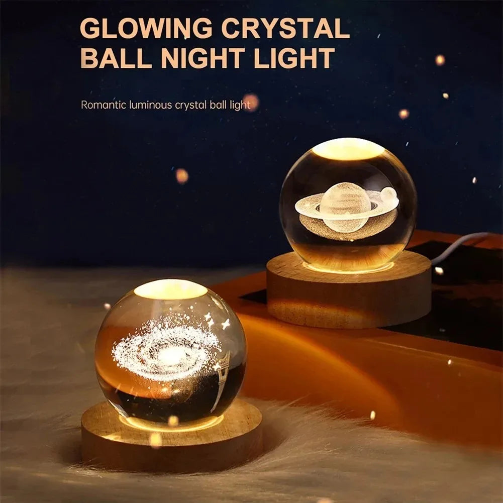 Lâmpada de cristal 3D com galáxia e projeção planetária, luz noturna USB para atmosfera aconchegante, bola de plasma única