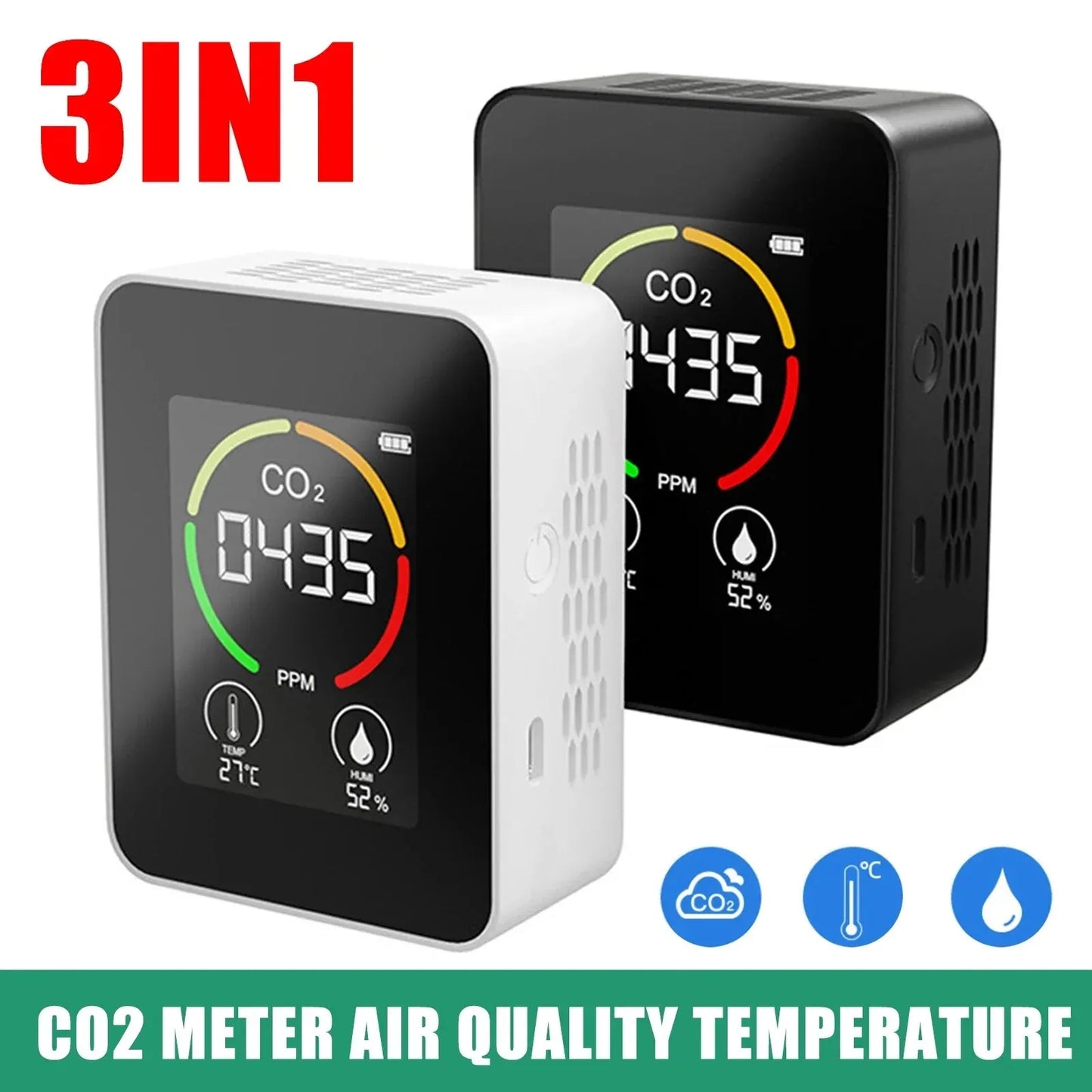 Detector de dióxido de carbono con pantalla LCD, medidor de CO2 3 en 1, calibración automática, 400-5000 ppm, monitor de calidad del aire. 