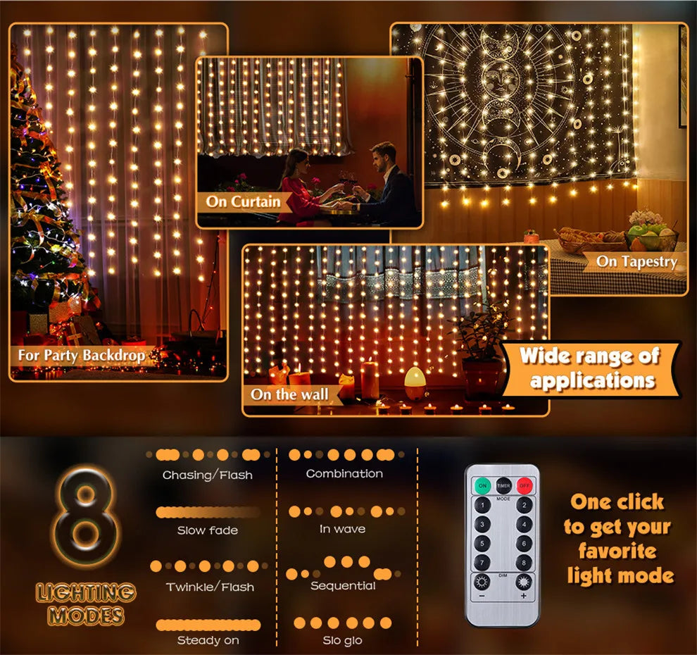 LED Fairy String Curtain Lights para Home Decor, Lâmpadas, Festão, controle remoto, USB, Natal, feriado, Ano Novo, 8 modos