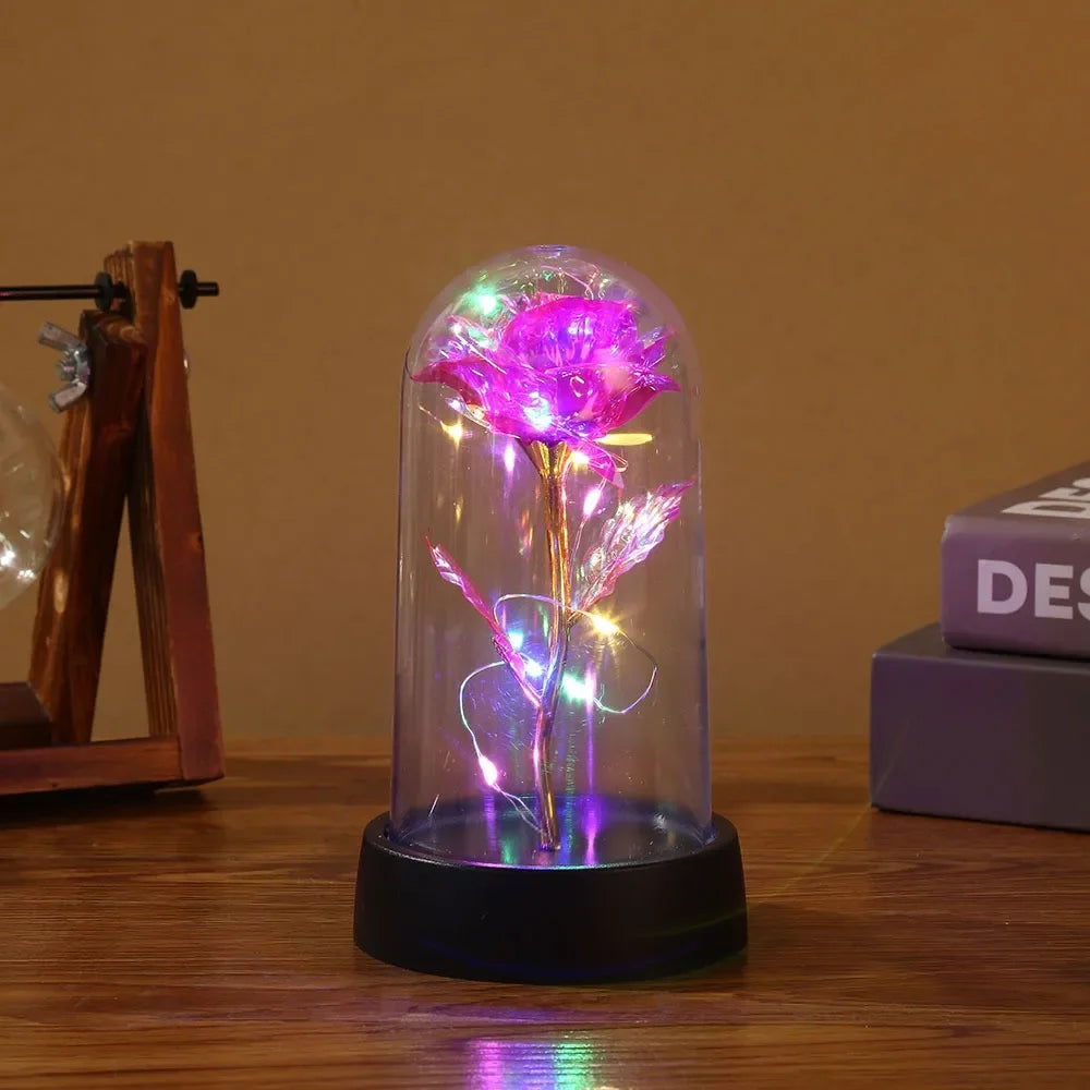 Flor de aluminio con luz LED en cubierta de vidrio, rosa eterna, regalo de San Valentín para novia, Día de la Madre, recuerdos de boda, regalo para dama de honor. 