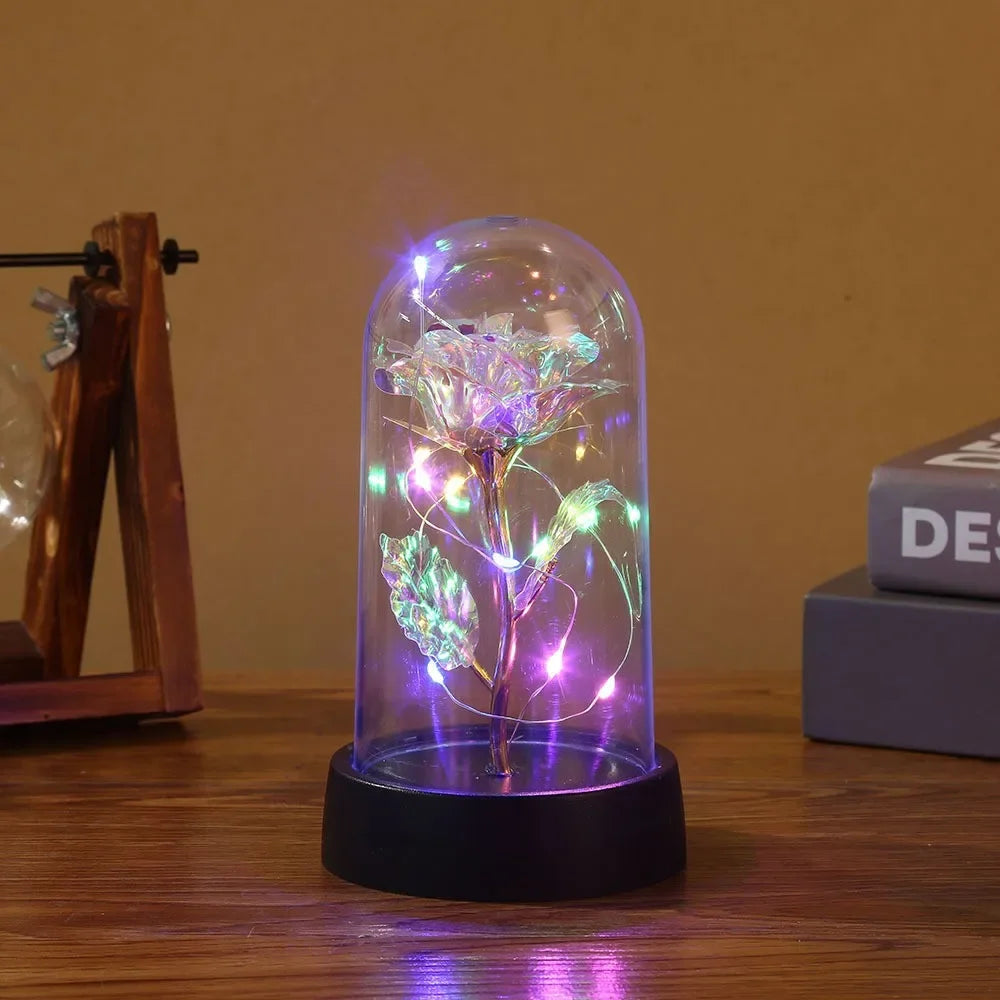 Flor de aluminio con luz LED en cubierta de vidrio, rosa eterna, regalo de San Valentín para novia, Día de la Madre, recuerdos de boda, regalo para dama de honor. 