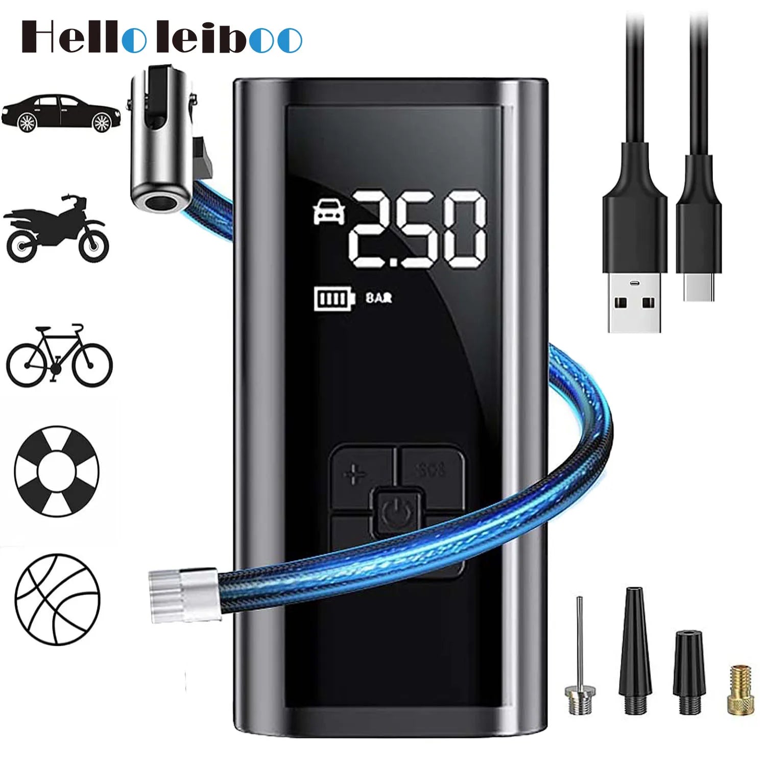 LEIBOO-Compressor De Ar Portátil Para Pneus De Carro, Inflador Rápido, Pressão Precisa, Bomba De Ar Para Motocicleta, Bicicleta, Bola