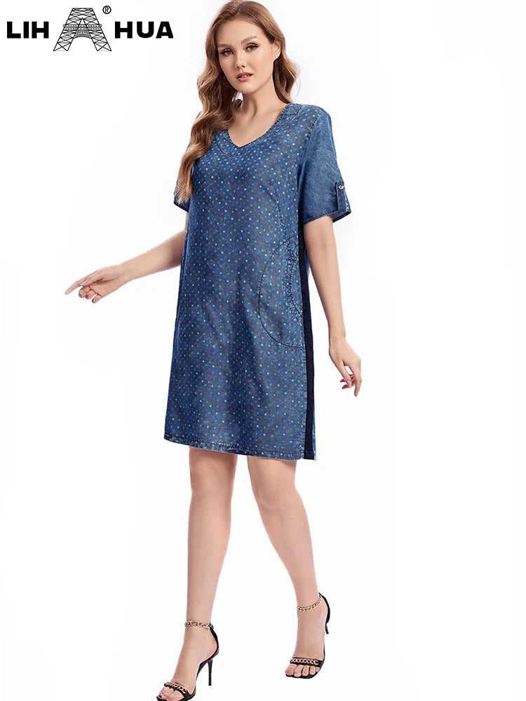 LIH HUA feminino plus size denim vestido outono chique vestidos elegantes para gorducho vestido de algodão tecido feminino