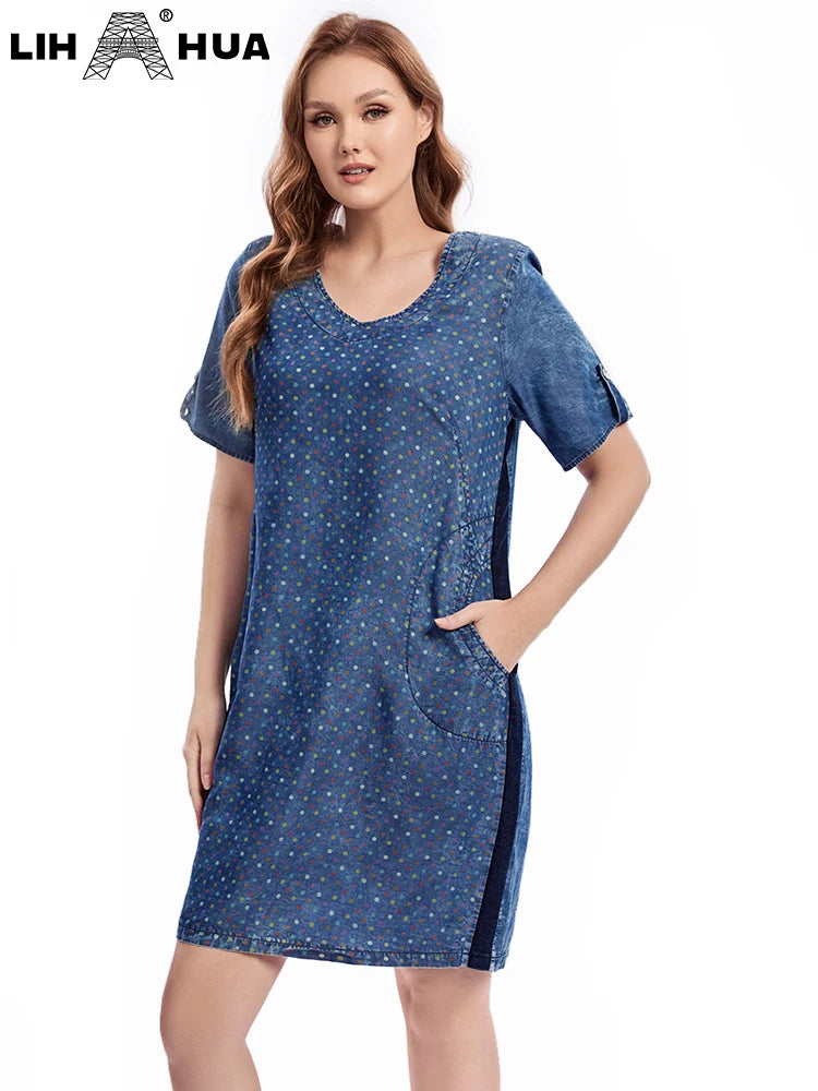 LIH HUA feminino plus size denim vestido outono chique vestidos elegantes para gorducho vestido de algodão tecido feminino