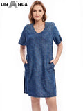 LIH HUA feminino plus size denim vestido outono chique vestidos elegantes para gorducho vestido de algodão tecido feminino