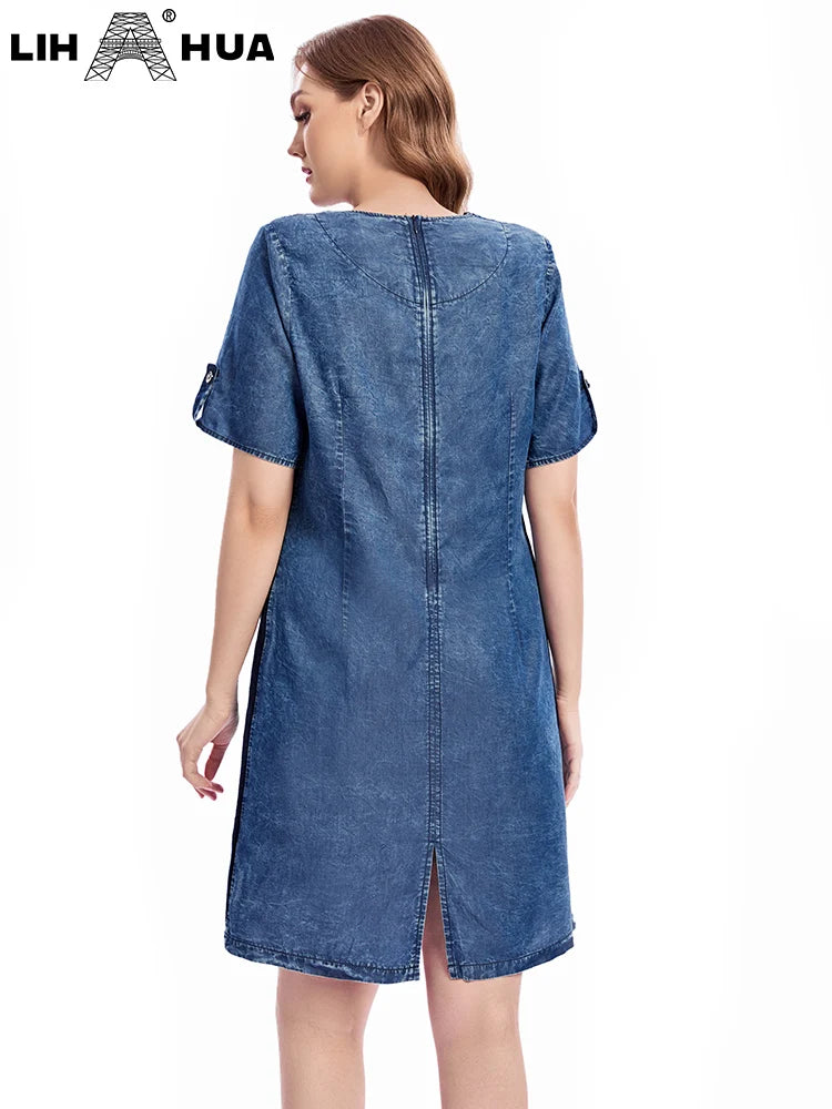 LIH HUA feminino plus size denim vestido outono chique vestidos elegantes para gorducho vestido de algodão tecido feminino