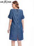 LIH HUA feminino plus size denim vestido outono chique vestidos elegantes para gorducho vestido de algodão tecido feminino