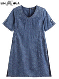 LIH HUA feminino plus size denim vestido outono chique vestidos elegantes para gorducho vestido de algodão tecido feminino