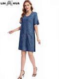 LIH HUA feminino plus size denim vestido outono chique vestidos elegantes para gorducho vestido de algodão tecido feminino
