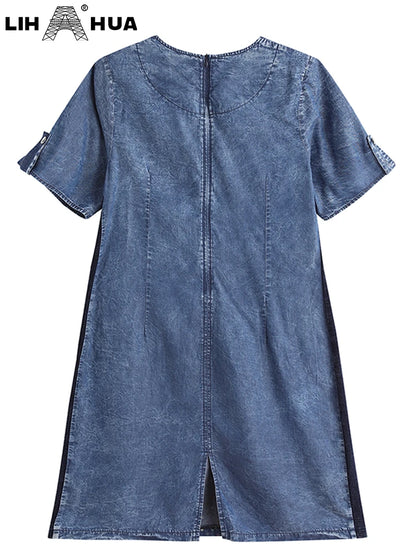 LIH HUA feminino plus size denim vestido outono chique vestidos elegantes para gorducho vestido de algodão tecido feminino