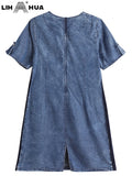 LIH HUA feminino plus size denim vestido outono chique vestidos elegantes para gorducho vestido de algodão tecido feminino
