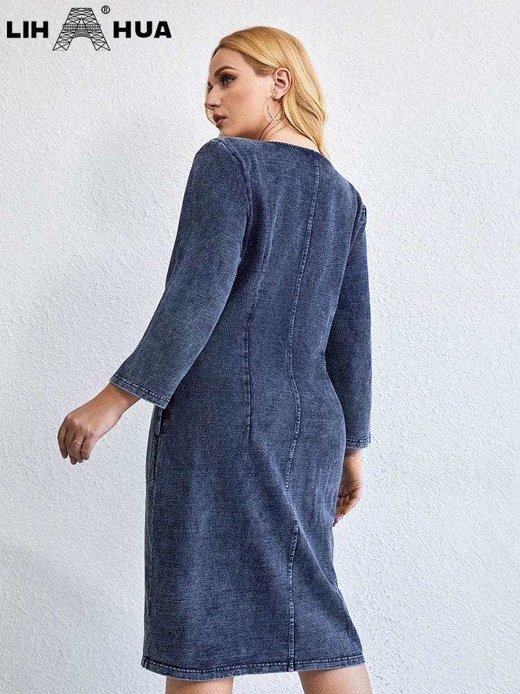 LIH HUA feminino plus size denim vestido outono chique vestidos elegantes para gorducho vestido de malha de algodão feminino