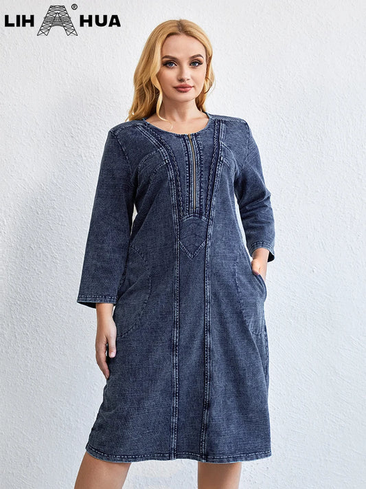 LIH HUA - Vestido vaquero de talla grande para mujer, elegante y chic de otoño, de punto de algodón, para mujer gordita 