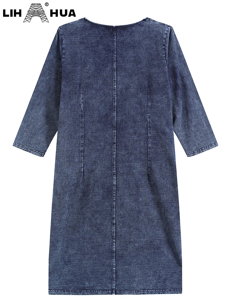 LIH HUA feminino plus size denim vestido outono chique vestidos elegantes para gorducho vestido de malha de algodão feminino