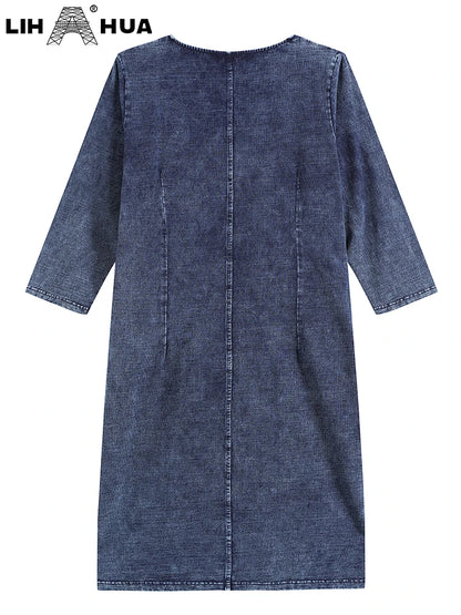 LIH HUA feminino plus size denim vestido outono chique vestidos elegantes para gorducho vestido de malha de algodão feminino