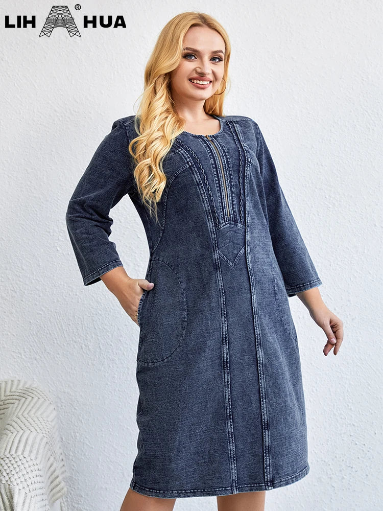 LIH HUA feminino plus size denim vestido outono chique vestidos elegantes para gorducho vestido de malha de algodão feminino