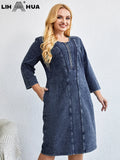 LIH HUA feminino plus size denim vestido outono chique vestidos elegantes para gorducho vestido de malha de algodão feminino