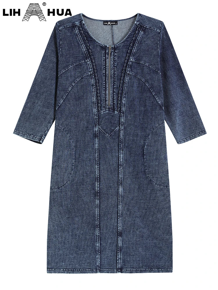 LIH HUA feminino plus size denim vestido outono chique vestidos elegantes para gorducho vestido de malha de algodão feminino