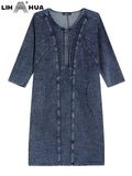 LIH HUA feminino plus size denim vestido outono chique vestidos elegantes para gorducho vestido de malha de algodão feminino