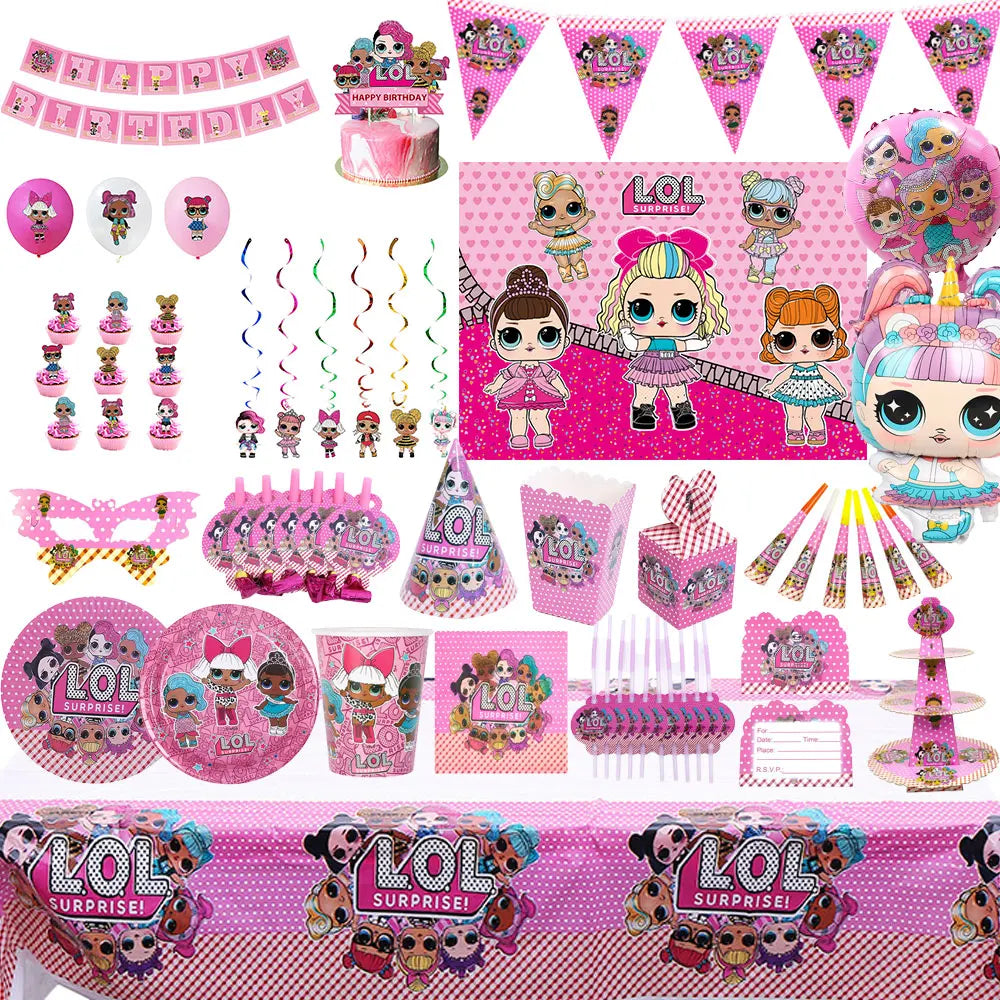 LO&amp;Ling-Cartoon Theme Party Decoration, Disposable Tableware, Hanging Banner, Whistle Mask, Baby Shower, Photo Prop, Girl Birthday 