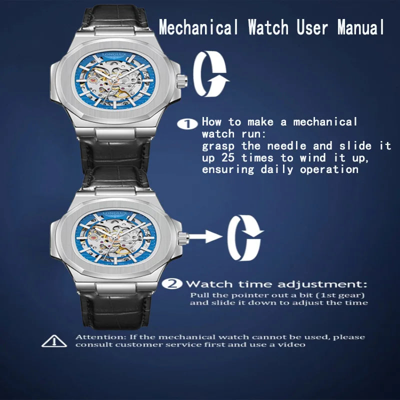Reloj automático LONGLUX estilo deportivo, venta al por mayor, relojes de pulsera mecánicos de moda, reloj hueco de cuero para hombre, regalo 