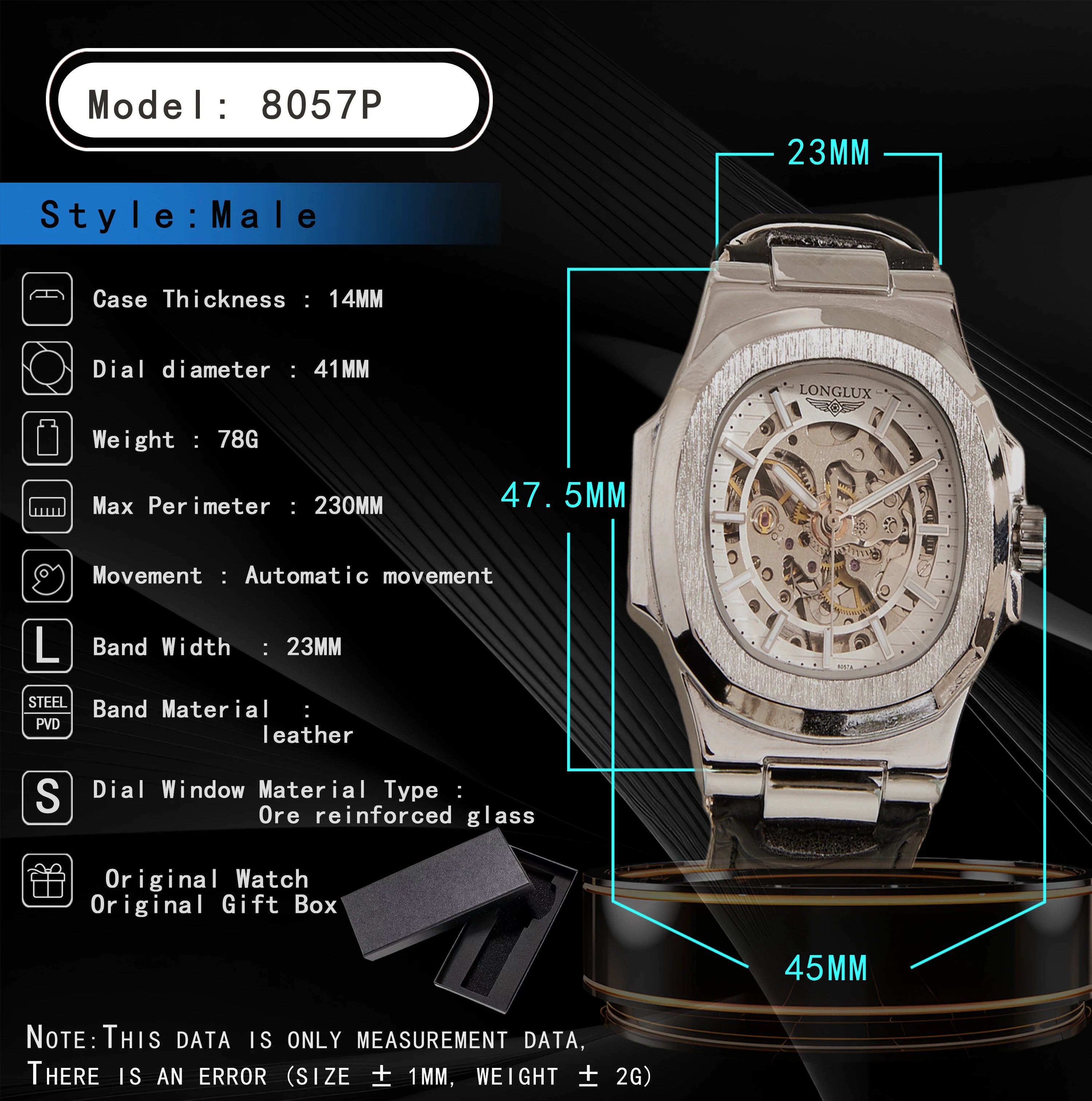 Reloj automático LONGLUX estilo deportivo, venta al por mayor, relojes de pulsera mecánicos de moda, reloj hueco de cuero para hombre, regalo 