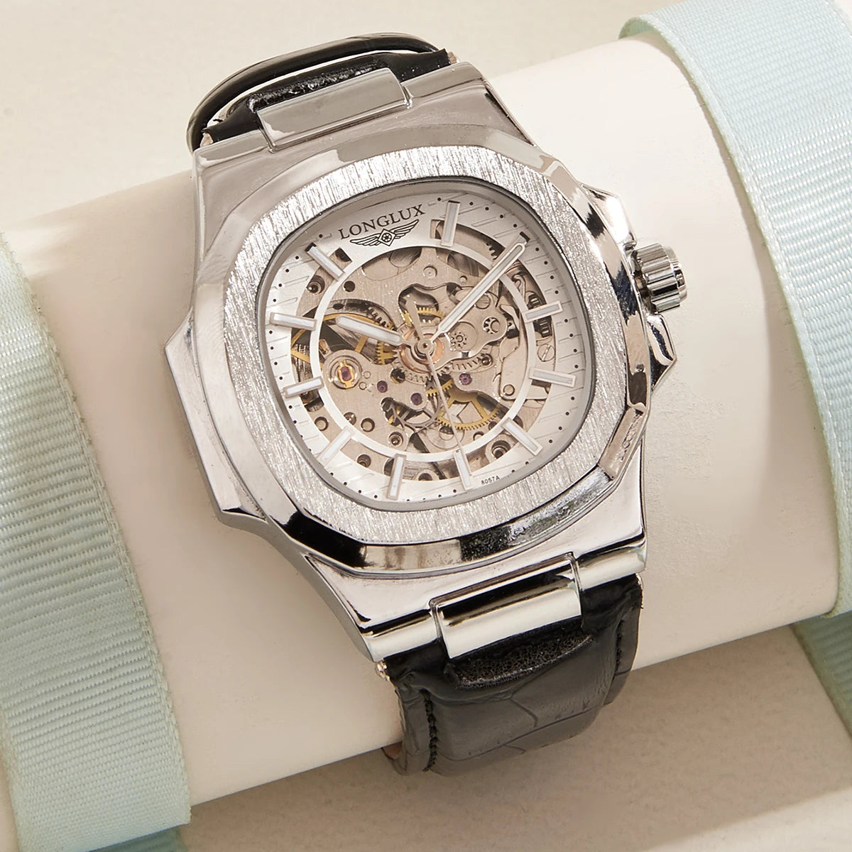 Reloj automático LONGLUX estilo deportivo, venta al por mayor, relojes de pulsera mecánicos de moda, reloj hueco de cuero para hombre, regalo 