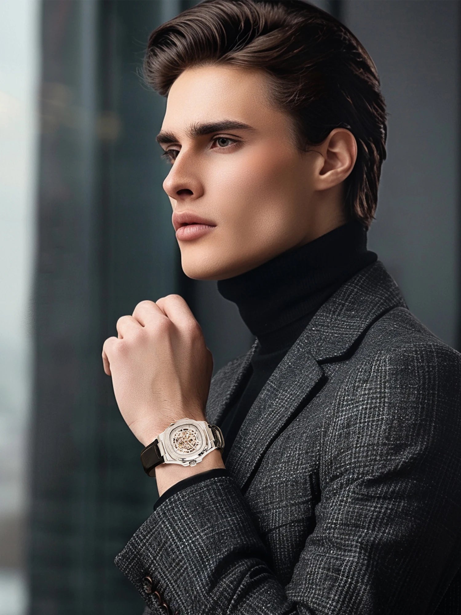 Reloj automático LONGLUX estilo deportivo, venta al por mayor, relojes de pulsera mecánicos de moda, reloj hueco de cuero para hombre, regalo 
