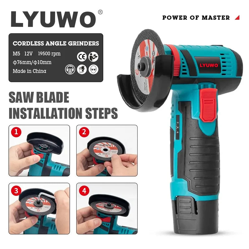 LYUWO-Micro Angle Grinder, moedor de enchimento para corte de diamante, ferramenta elétrica sem fio, 12V