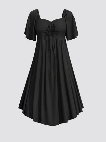 Laço frontal de manga curta feminino reunidas vestido longo, roupas casuais de verão, plus size, 2024
