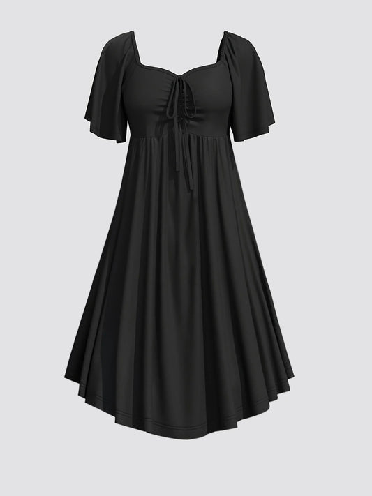 Laço frontal de manga curta feminino reunidas vestido longo, roupas casuais de verão, plus size, 2024