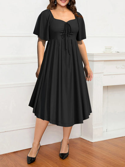 Laço frontal de manga curta feminino reunidas vestido longo, roupas casuais de verão, plus size, 2024