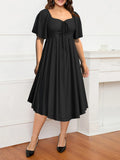 Vestido largo fruncido de manga corta con lazo delantero para mujer, ropa informal de verano, talla grande, 2024 