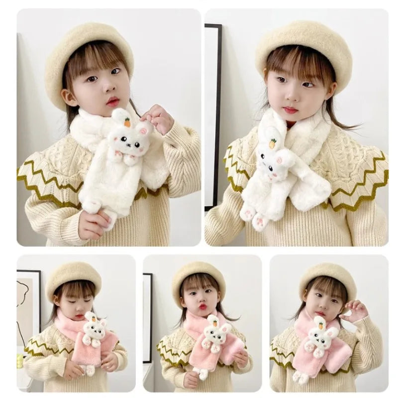 Thick Plush Scarf for Boys Girls Kids Scarf Bib Cute Cartoon Rabbit Faux Fur Neck Protection Warm Shawl Cross Winter 