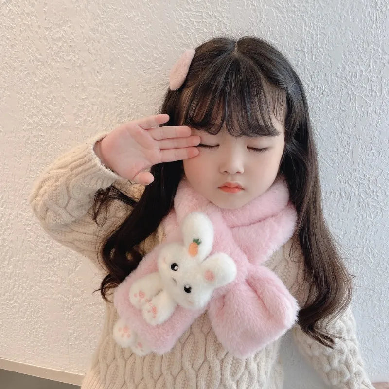 Thick Plush Scarf for Boys Girls Kids Scarf Bib Cute Cartoon Rabbit Faux Fur Neck Protection Warm Shawl Cross Winter 