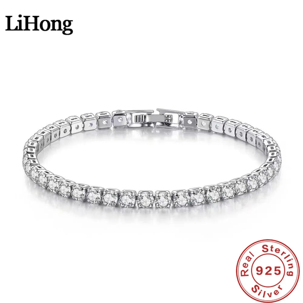 Lihong S925 Sterling Silver Bracelet For Women Zircon Tennis Ball Simple Engagement Charm Fashion Wedding Jewelry 4mm 16-20cm 