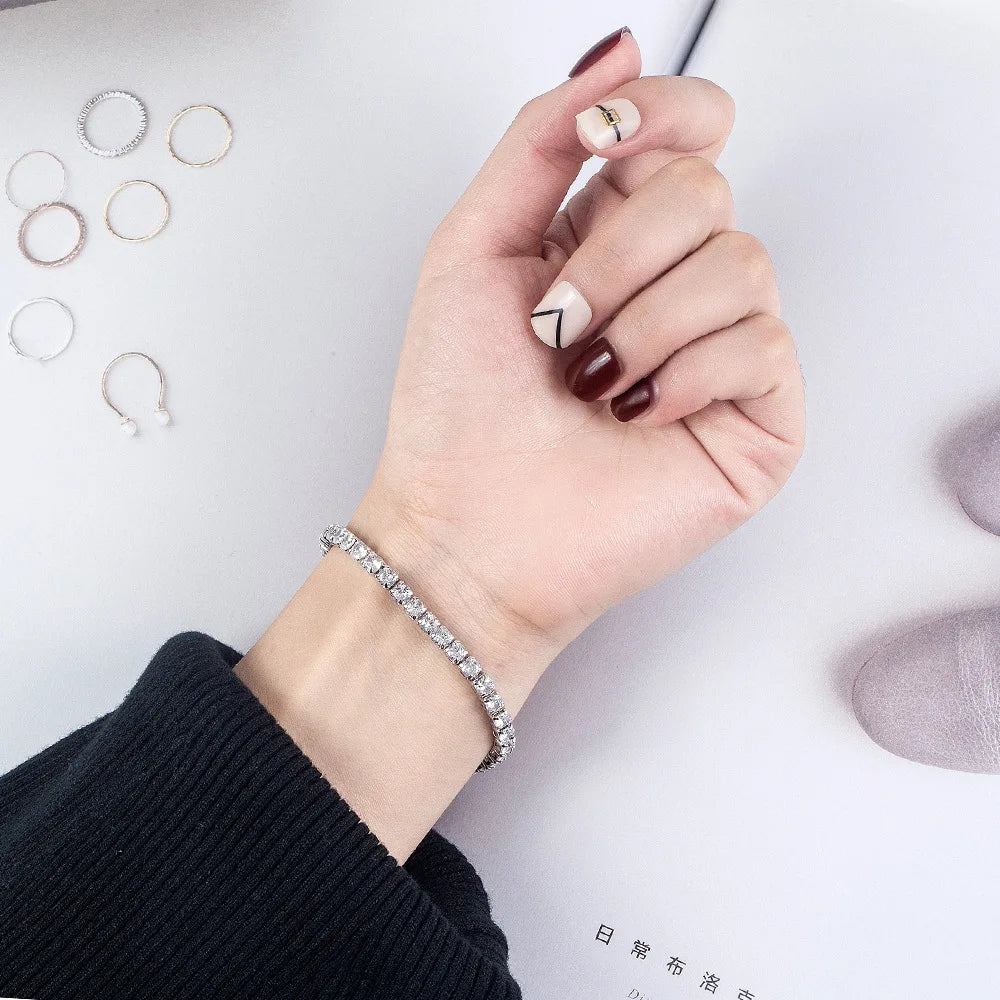 Lihong S925 Sterling Silver Bracelet For Women Zircon Tennis Ball Simple Engagement Charm Fashion Wedding Jewelry 4mm 16-20cm 