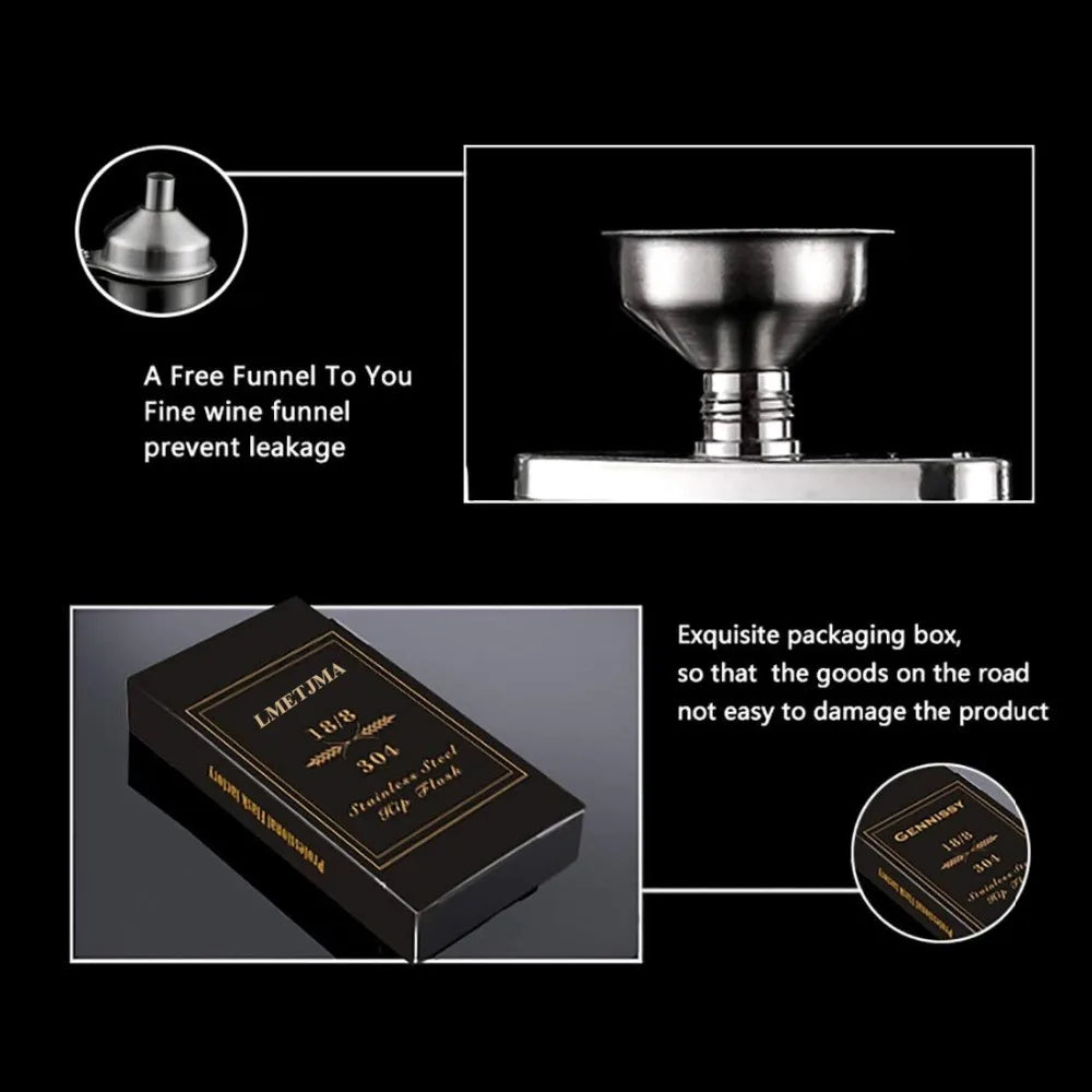 LMETJMA 1 4 5 6 7 8 9 10 oz Stainless Steel Hip Flask with Pocket Funnel Hip Flask Alcohol Whiskey Screw Cap KC0139 