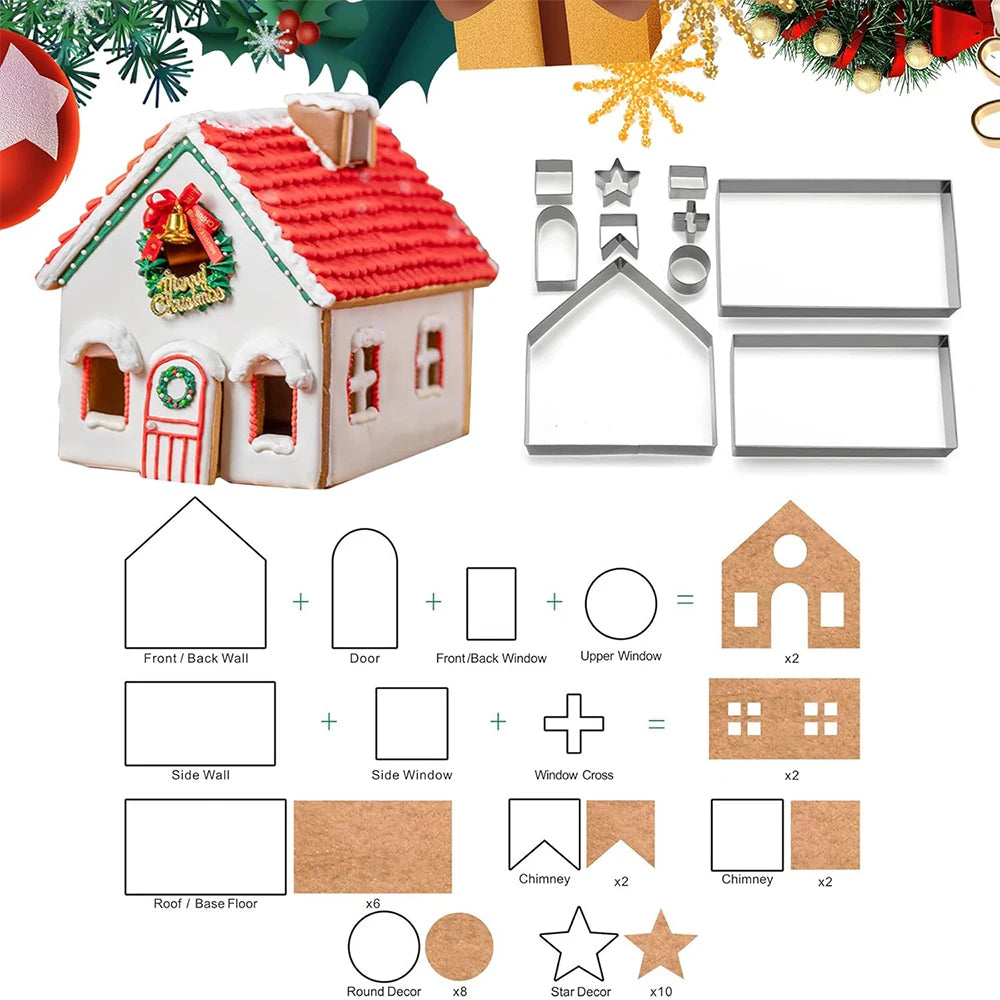Lmetjma-Christmas Cookie Cutter Set, Gingerbread House, Stainless Steel Mold, Biscuit Cake, JT269, 10 pcs 